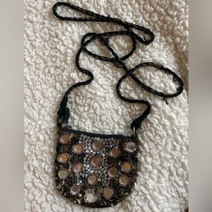 Vintage ANTIK BANTIK Black Beaded Coin Medallion Crossbody Purse